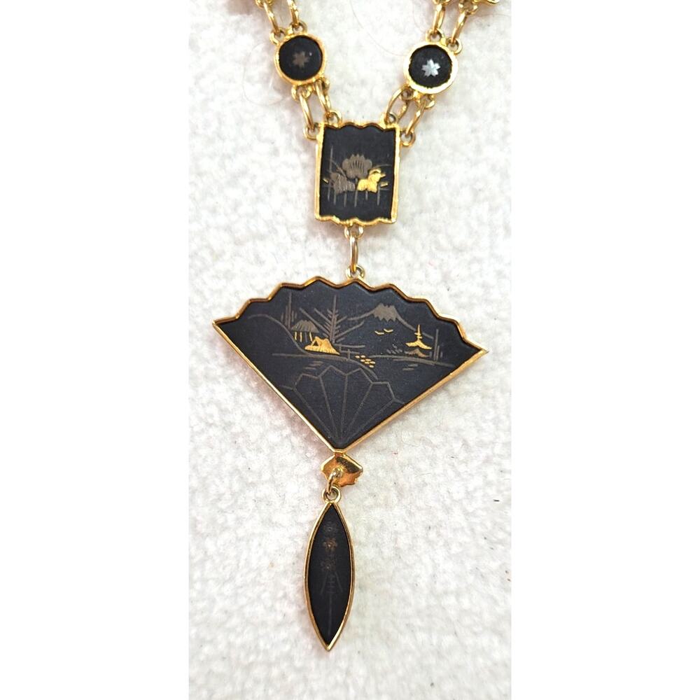 Vintage Damascene Folding Fan Necklace Gold Tone Black Amita Style Shakudo - Picture 8 of 9